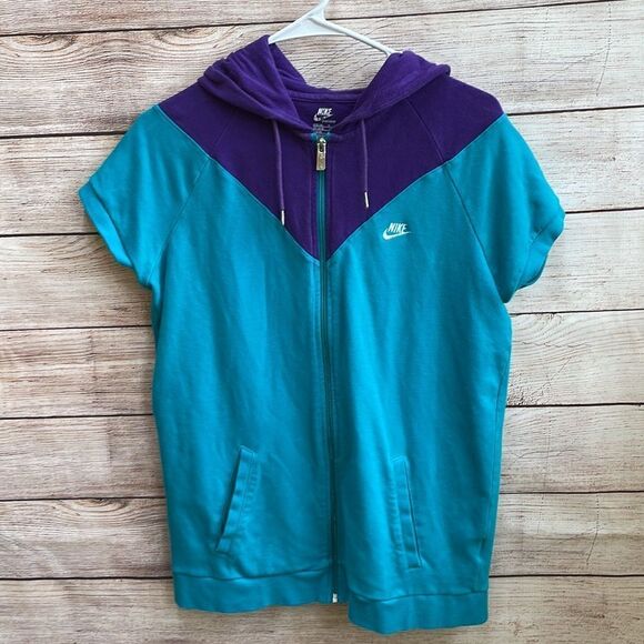 VINTAGE NIKE COTTON HOODIE IN TEAL AND PURPLE‎ - Picture 2 of 6